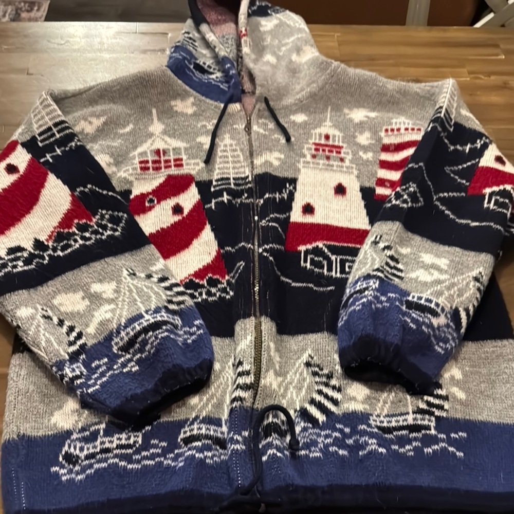 Nautical Lighthouse Patterned  zip up Sweater - Gray, Red, Blue with hood unique